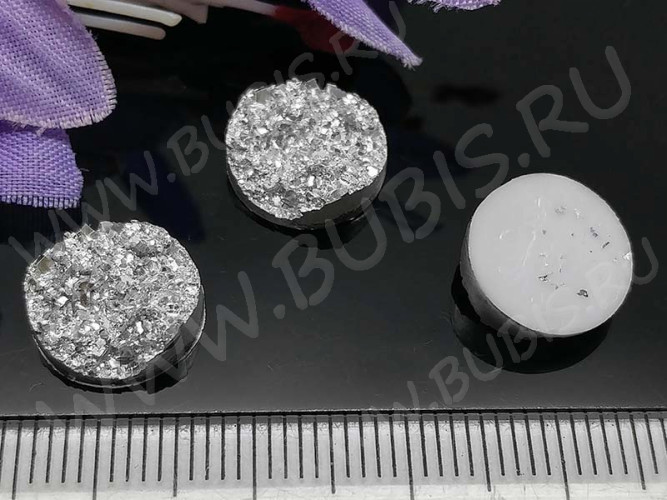 Кабошон декоративный 16 Круг с кристаллами 12*12*4,5мм серебристо-белый непрозрачный (резин)