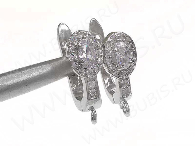 Швензы с английским замком №61 с инкрустацией кубическим цирконием 19*13*6,5мм цвет платины и прозрачные (Milano LUX) (Brass и фианит) (1 пара)