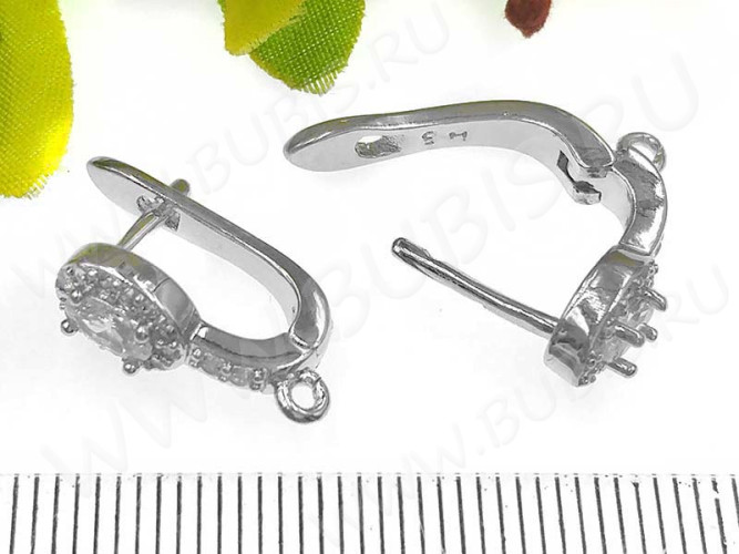 Швензы с английским замком №61 с инкрустацией кубическим цирконием 19*13*6,5мм цвет платины и прозрачные (Milano LUX) (Brass и фианит) (1 пара)