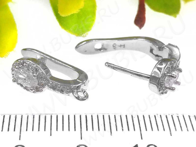 Швензы с английским замком №61 с инкрустацией кубическим цирконием 19*13*6,5мм цвет платины и прозрачные (Milano LUX) (Brass и фианит) (1 пара)