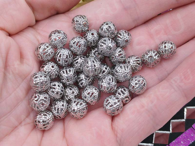 (СКИДКИ!!!) Бусина ажурная 13 "Шарик" 8мм цвет платины (LUX Китай) (Brass) (10шт.)