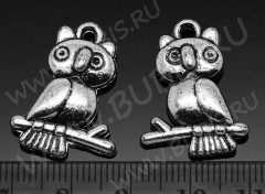 Подвеска Сова 33 двусторонняя 24*18,5*4,5мм античное серебро (металлоакрил)