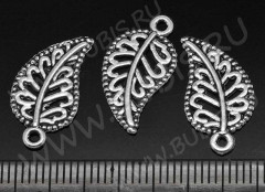 (СКИДКИ!!!) Подвеска Листик 14 двусторонняя ажурный 19*10*1,5мм античное серебро (литьё) (10шт.)