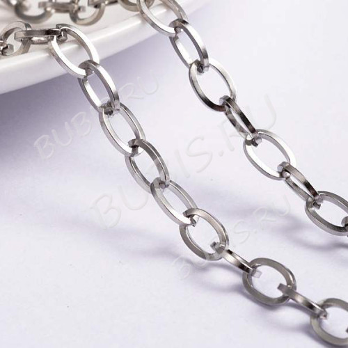 Цепочка S119 стальная овальное плоское звено 10*5мм цвет платины (Хирургическая сталь)(50см)