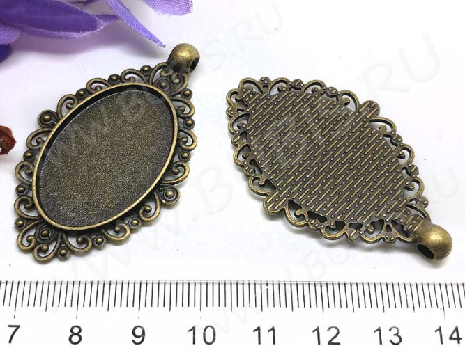 Подвеска-сеттинг Овал 52 (сеттинг 30*20мм) 49*30,5*2,4мм античная бронза (литьё)