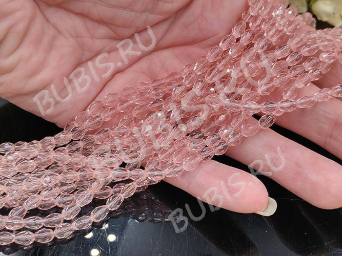 (ОПТ) Бусина Капля гранёная 6*4*4мм розово-персиковая прозрачная (имитация Сваровски) (НИТЬ)