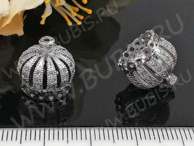 Концевик 081 Корона коннектор с инкрустацией 13,5*13,5*13мм цвет платины и прозрачный (Milano LUX) (Brass и фианиты)