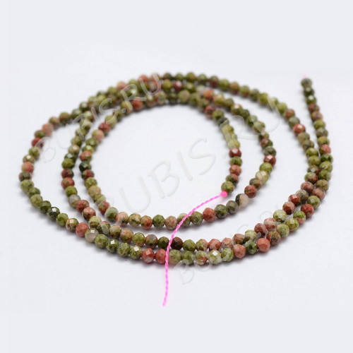 (ОПТ) Бусина округлая ГРАНЁНАЯ "каменный бисер" 2мм Унакит (камни LUX) (НИТЬ)