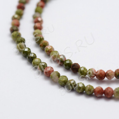 (ОПТ) Бусина округлая ГРАНЁНАЯ "каменный бисер" 2мм Унакит (камни LUX) (НИТЬ)