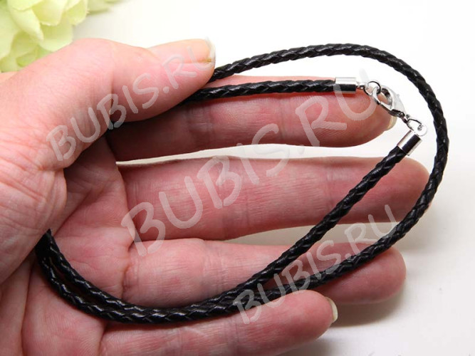 Шнур с замочком 24 плетёный кожаный круглый 3мм черный (46см)