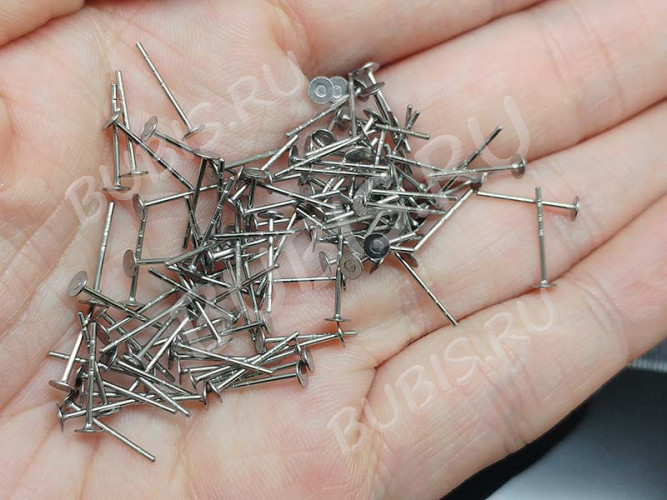 (СКИДКИ!!!) Пуссеты ("гвоздики") №145 (платформа 3мм) с 3 рисочками 12*0,7мм цвет платины (хирургическая сталь) (10 ПАР)