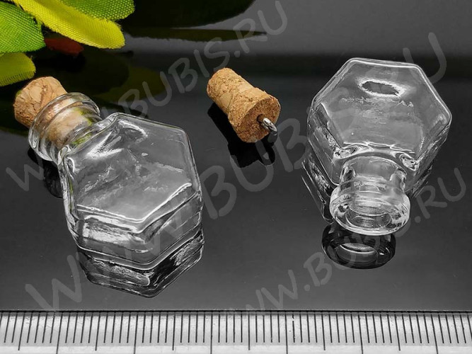 Бутылочка 66 фигурная с пробкой и штифтом Гексагон 25*20*11мм прозрачная (стекло)
