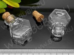 Бутылочка 66 фигурная с пробкой и штифтом Гексагон 25*20*11мм прозрачная (стекло)