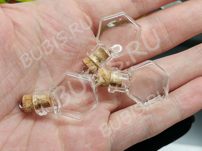 Бутылочка 66 фигурная с пробкой и штифтом Гексагон 25*20*11мм прозрачная (стекло)