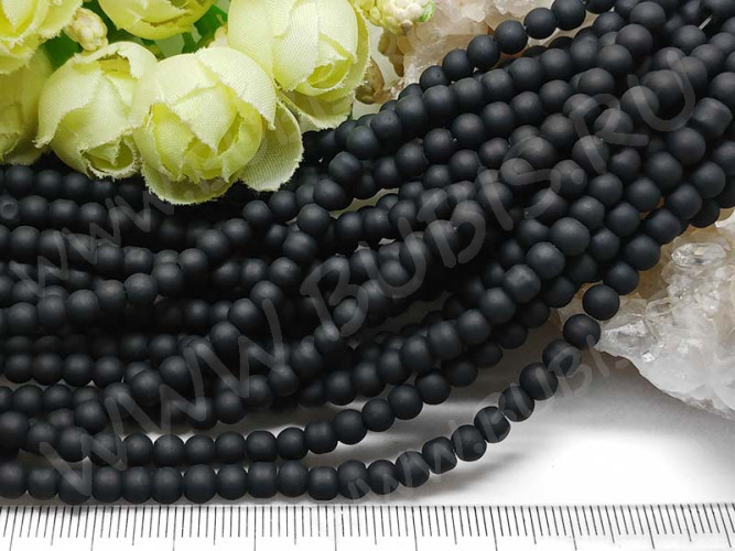 (ОПТ) Бусина округлая матовая 4мм чёрная непрозрачная (стекло) (нить)