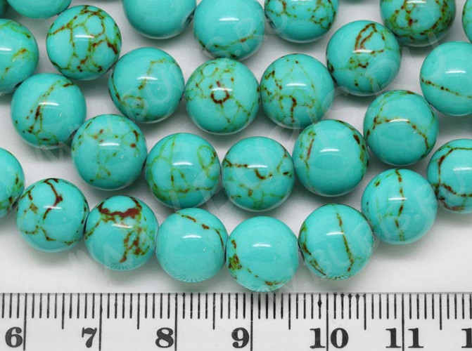 (ОПТ) Бусина округлая 10мм Говлит бирюзовый пресс. (камни) (НИТЬ)