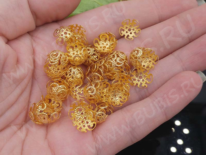 (СКИДКИ!!!) Шапочка тонкая 066 ажурная чашечка 10*10*4мм золотистая (Iron) (имитация скани) (50шт.)