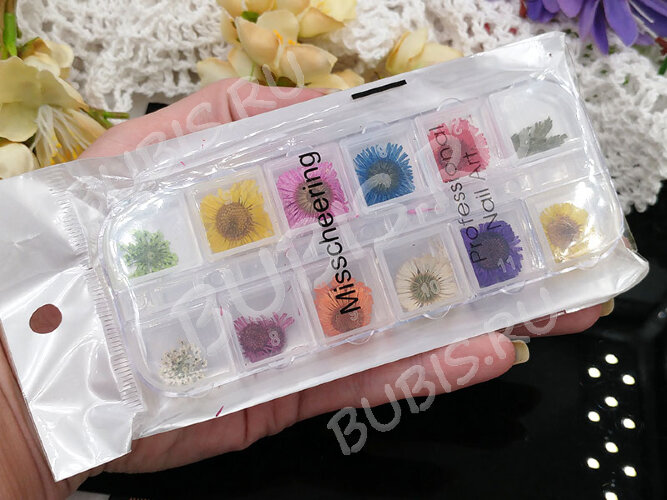 Сухие цветы 13 Яркие цветочки 1,0-1,8см комплект МИКС в контейнере (натуральные цветы) (ок. 24шт.)