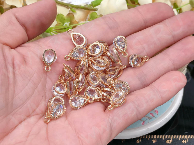 Подвеска Капля 09 3D с кубическим цирконием 13*8*5мм розовое золото (сплав и фианит)