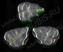 Бусина Листик 02 3D 12,5*10,5*3мм зелёный с коричневым бензином полупрозрачный (Чешское стекло) (10шт.)