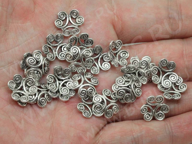 (СКИДКИ!!!) 131 Шапочка Завитки 12*11,5*3,2мм античное серебро (литьё) (10шт)