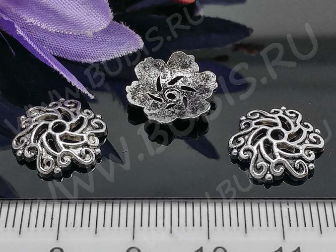 (СКИДКИ!!!) 225 Шапочка ажурная 13,5*13*2,8мм античное серебро (литьё) (10шт.)