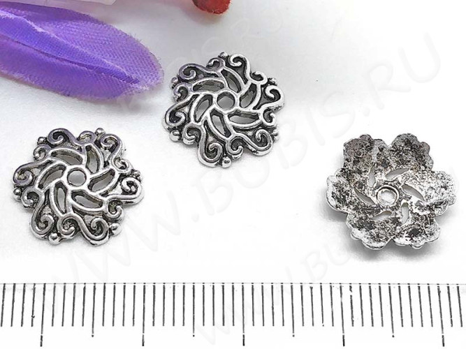 (СКИДКИ!!!) 225 Шапочка ажурная 13,5*13*2,8мм античное серебро (литьё) (10шт.)