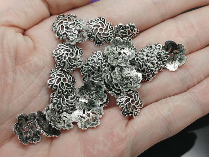 (СКИДКИ!!!) 225 Шапочка ажурная 13,5*13*2,8мм античное серебро (литьё) (10шт.)