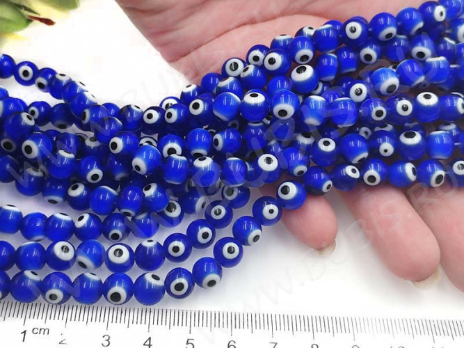 (ОПТ) Бусина с глазом 09 Кузмунчок округлая 8мм синяя (Lampwork) (НИТЬ)