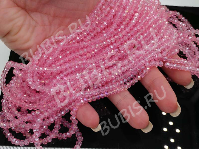 (СКИДКИ!!!) Бусина кристалл гранёный абакус 4,3*4*3,5мм яр.розовый с АВ прозрачный (имитация Сваровски) (100шт.)