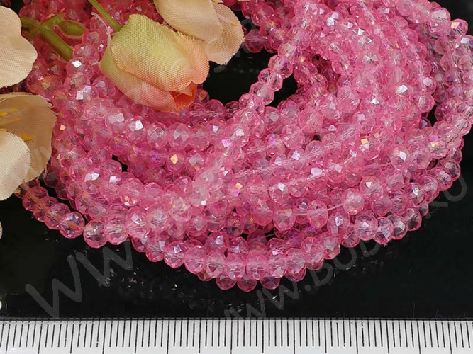 (СКИДКИ!!!) Бусина кристалл гранёный абакус 4,3*4*3,5мм яр.розовый с АВ прозрачный (имитация Сваровски) (100шт.)