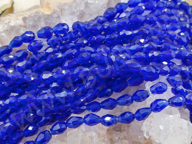 (ОПТ) Бусина Капля гранёная 6*4*4мм синяя прозрачная (имитация Сваровски) (НИТЬ)