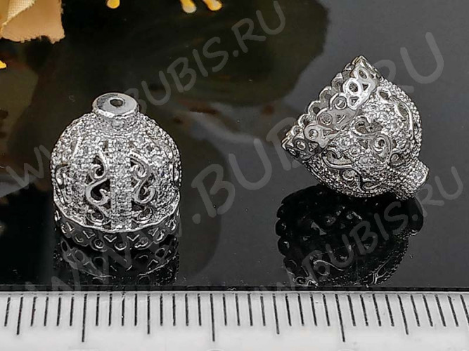 Концевик 082 Корона коннектор с инкрустацией 11,5*10,5*10,5мм цвет платины и прозрачный (Milano LUX) (Brass и фианиты)