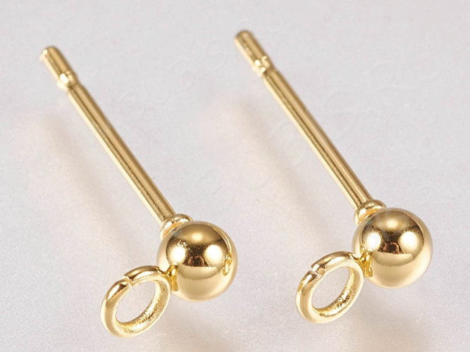 Пуссеты ("гвоздики") №168 с шариком 3мм и петелькой 14*5,5*0,7мм Real Gold Plated 18K золотистые (хирургическая сталь) (1 пара)