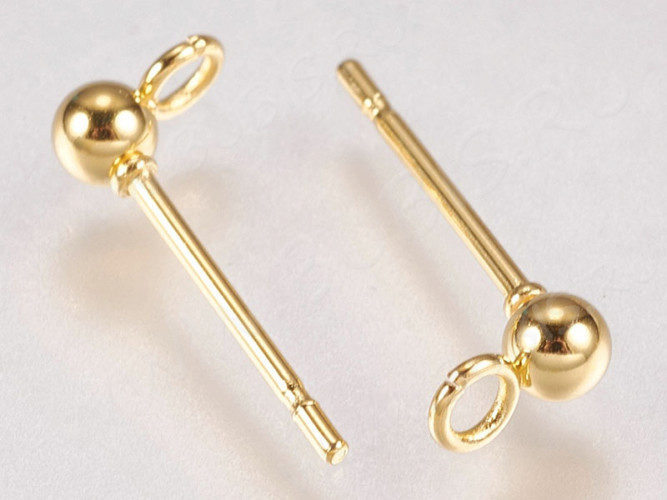 Пуссеты ("гвоздики") №168 с шариком 3мм и петелькой 14*5,5*0,7мм Real Gold Plated 18K золотистые (хирургическая сталь) (1 пара)