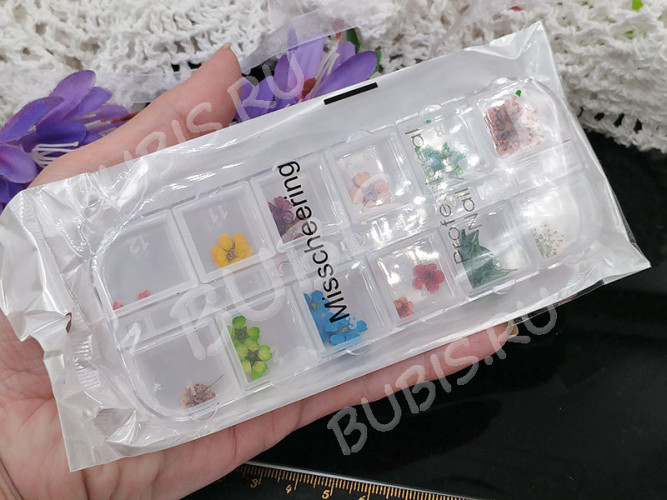 Сухие цветы 14 Яркие цветочки 0,3-1,2см комплект МИКС в контейнере (натуральные цветы) (ок. 24шт.)