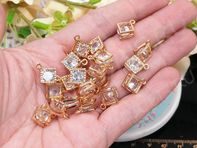 Подвеска Ромб 04 3D с кубическим цирконием 14*12*5,5мм розовое золото (сплав и фианит)