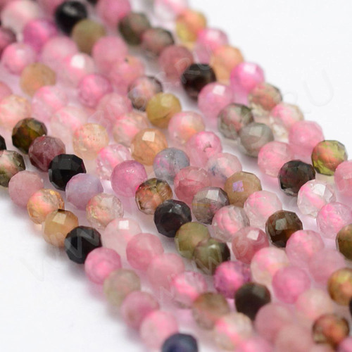 (ОПТ) Бусина округлая ГРАНЁНАЯ "каменный бисер" 2мм Турмалин (камни LUX) (НИТЬ)