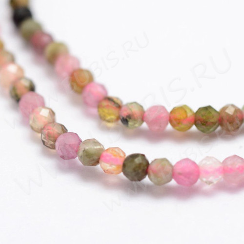 (ОПТ) Бусина округлая ГРАНЁНАЯ "каменный бисер" 2мм Турмалин (камни LUX) (НИТЬ)