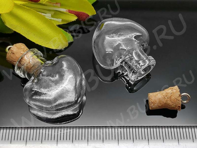 Бутылочка 68 фигурная с пробкой и штифтом Сердечко 25*21*11мм прозрачная (стекло)
