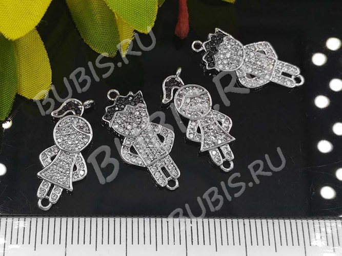 295 Коннектор Девочка с инкрустацией 21*9*2мм цвет платины, чёрный и прозрачный (Milano LUX) (Brass и фианит)