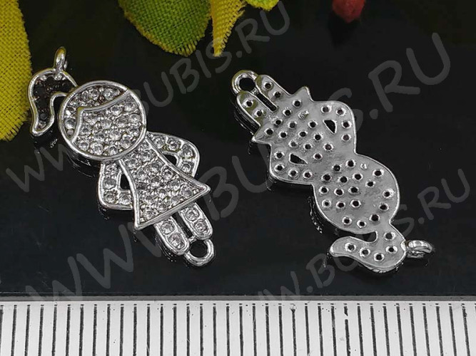 295 Коннектор Девочка с инкрустацией 21*9*2мм цвет платины, чёрный и прозрачный (Milano LUX) (Brass и фианит)