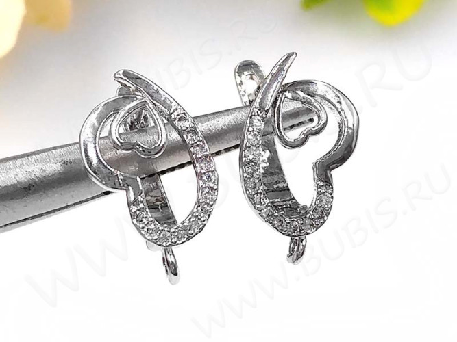 Швензы с английским замком №93 с инкрустацией кубическим цирконием 16,5*12,5*9мм цвет платины и прозрачные (Milano LUX) (Brass и фианит) (1 пара)