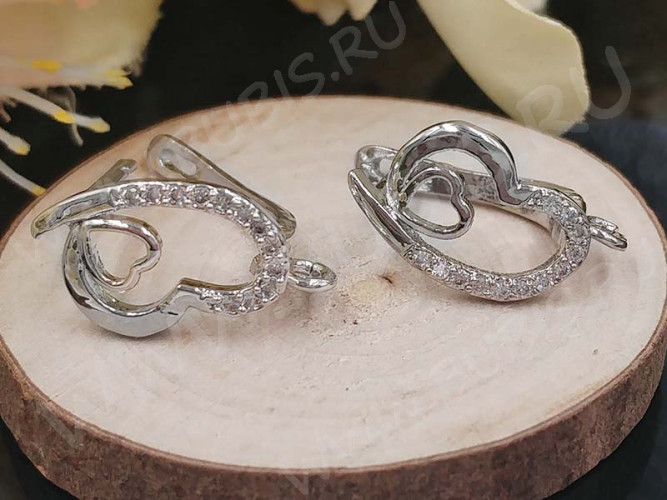 Швензы с английским замком №93 с инкрустацией кубическим цирконием 16,5*12,5*9мм цвет платины и прозрачные (Milano LUX) (Brass и фианит) (1 пара)