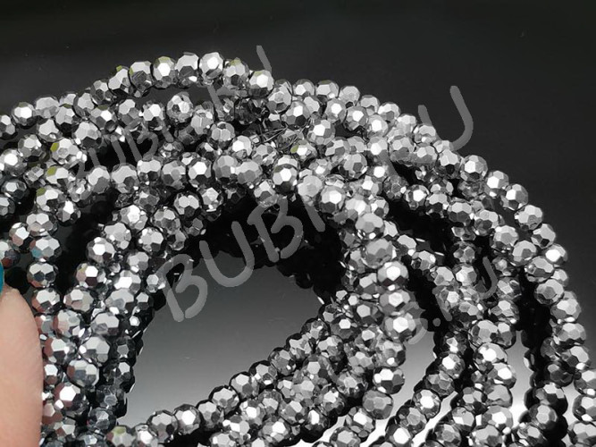 (СКИДКИ!!!) Бусина кристалл гранёный абакус 3*3*2мм т.серебристый непрозрачный (имитация Сваровски) (НИТЬ)