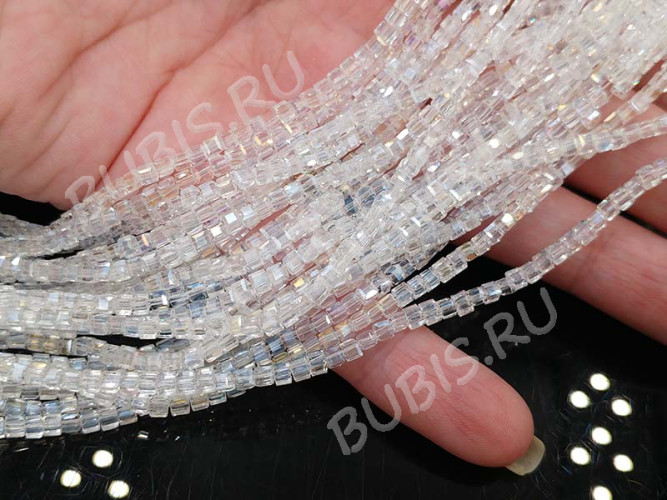 Бусина кристалл гранёный Кубик 2,5*2,5*2мм чистый прозрачный с АВ (имитация Сваровски) (10шт.)