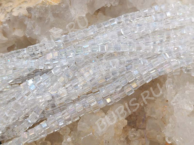 Бусина кристалл гранёный Кубик 2,5*2,5*2мм чистый прозрачный с АВ (имитация Сваровски) (10шт.)