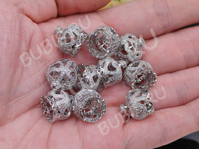 Концевик 083 Корона коннектор с инкрустацией 13,5*13,5*13,5мм цвет платины и прозрачный (Milano LUX) (Brass и фианиты)