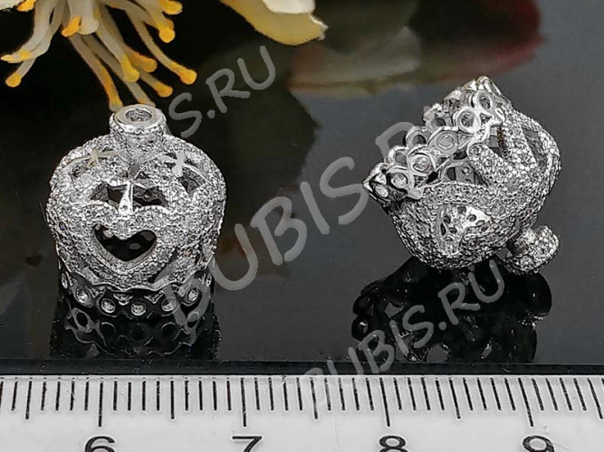 Концевик 083 Корона коннектор с инкрустацией 13,5*13,5*13,5мм цвет платины и прозрачный (Milano LUX) (Brass и фианиты)