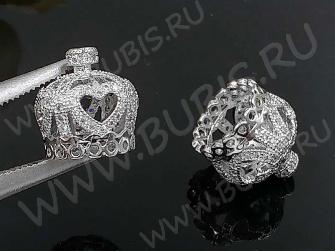 Концевик 083 Корона коннектор с инкрустацией 13,5*13,5*13,5мм цвет платины и прозрачный (Milano LUX) (Brass и фианиты)